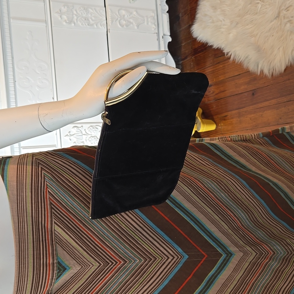VINTAGE Elegant Black Suede Clutch with Gold Accent